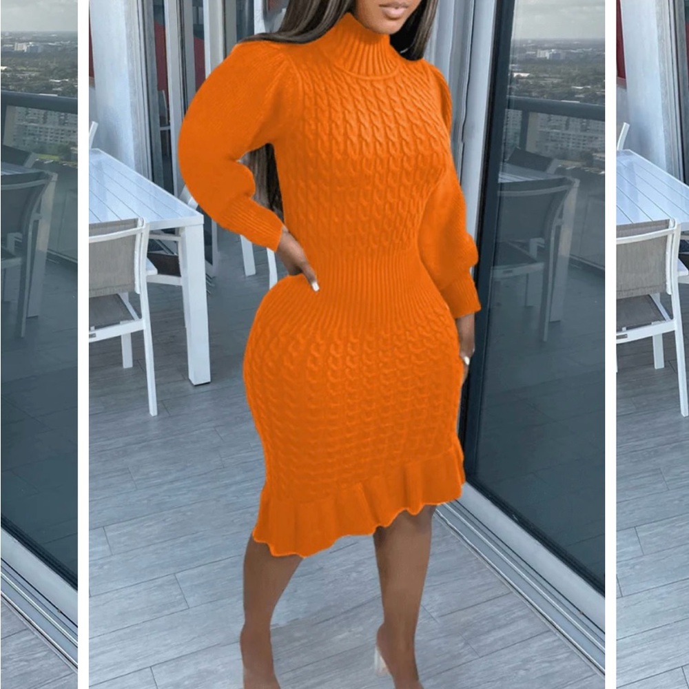Orange Cable Knit Sweater Dress